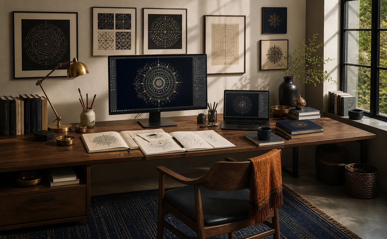 The Studio Yantra workspace · warm-walnut desk · brass lamp · afternoon light